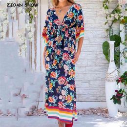 BOHO Orange Flower Print Flare Sleeve Side Split Dress Deep V neck Women Adjust Waist Drawstring Maxi Long Dresses Vestidos 210429