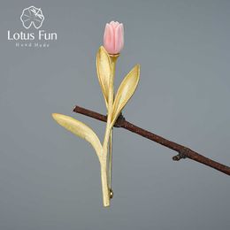 Lotus Fun Eternal Love Tulip Flower Brooches Real 925 Sterling Silver 18K Gold Handmade Design Fine Jewelry Gift for Women 210628