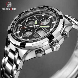 GOLDENHOUR Luxury Brand Waterproof Military Sport Watches Men Silver Steel Digital Quartz Analogue Watch Clock Relogios Masculinos 210804