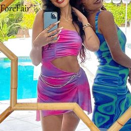 Forefair Summer Tie Dye Y2k Beach Dress Backless Strapless Bodycon Off Shoulder Hollow Out Women Sexy Mini Dresses Party 2021 Y0603
