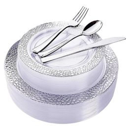 Disposable Dinnerware 50 Tableware 7.5 Inch And 10.25 Silver Lace Plastic Plate Silverware Sedding Birthday Party Decoration