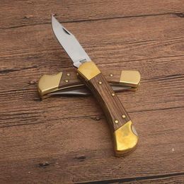 High Quality Pocket Folding Knife 440C Satin Blade Wood + Brass Handle Outdoor Camping Hiking Survival Tactical Knives With Leather Sheath