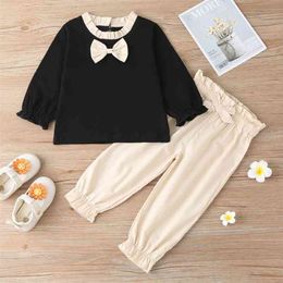 Winter Children Sets Long Sleeve Bow Patchwork Black T-shirt Apricot Solid Trousers Cute 2Pcs Girls Boys Clothes 0-2T 210629