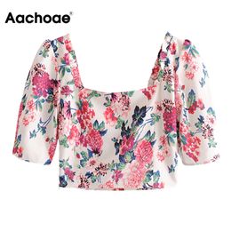 Aachoae Summer Crop Top Blouse Women Vintage Floral Print Puff Short Sleeve Shirts Square Collar Boho Chic Tops Blusas Mujer 210413
