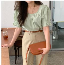 spring Vintage solid Shirt female Oversize Tops short sleeve Girls Blouse Summer Plus Size Women Blouses femme Blusas 210417