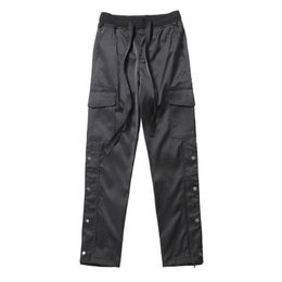 Fashion Nylon Snap Cargo Pants Mens Black Streetwear Hip Hop Biker Sweatpants with Straps Buttons Strap Closure Trousers