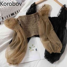 Korobov Autumn New Sweet Slash Neck Blouses Vintage Elegant Puff Mesh Sleeve Shirt Korean Sexy Short Blusas Mujer 210430