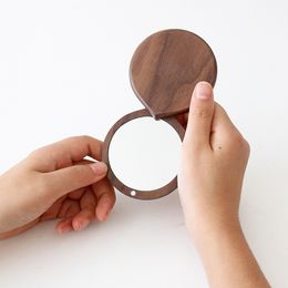 CX112 Wooden Round Foldable s Japanese Style Portable Walnut Small Mirror Make Up