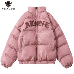 Aolamegs Winter Jacket Men Letter Inkjet Embroidery Badge Streetwear Men Warm Thick Zipper Harajuku All-match Parka Jackets Coat 211206