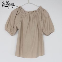 Early Spring and Summer Cotton Linen Off-shoulder Short Sleeve Blouse Elegant Korean Solid Colour Casual Top 8790 50 210427