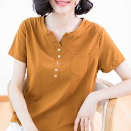 Shintimes V-Neck Button T-Shirt Summer Cotton Short Sleeve T Women Pocket Korean Fashion Clothing Tee Femme 210615