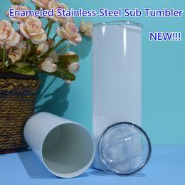 Enamel Stainless Steel Tumblers! Sublimation Blanks 20oz Straight Skinny Tumbler with Lid Straw Double Wall Insulated Vacuum Enamelled Metal Mugs DIY Water Bottle
