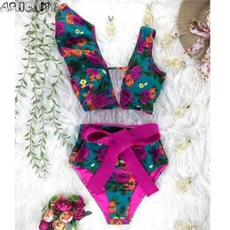 Bikini Floral Ruffled Set Women V-neck High Waist Two Piece Swimsuit Girl Beach Bathing Suit Swimwear Biquinis 210702