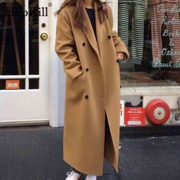Elegant Long Wool Coat Women Solid Sleeve Double Breasted Pockets Overcoat Autumn Winter Ladies Outerwear 210508