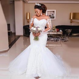 Beading Mermaid Dresses Long Sleeve Appliques Pearls African Wedding Gowns Plus Size Bridal Vestido De Noiva Bc3027