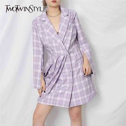 Elegant Plaid Suit Dress For Women Notched Collar Long Sleeve High Waist Mini Dresses Female Summer Fashion 210520