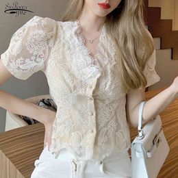 Summer V-neck Lace Embroidery Women Shirts Short Sleeve Sexy Hollow Out Top Single Breasted Clothing Blouse 14426 210521