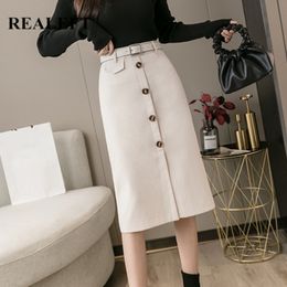 High Wasit Women's Skirt Midi Length Korean Style Button Winter Autumn Office Ladies Pencil Skirts With Belt Female 210428