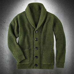 Army Green Cardigan Sweater Men Sweater Coat Coarse Wool Sweater Thicken Warm Casual Coat Men Fashion Clothing Button Up 211018