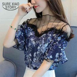 Summer Women Shirt Short Sleeved Chiffon Sexy Lady Hollow Tops Floral Shoulder Fashion Female Blouse Blusas D626 30 210506