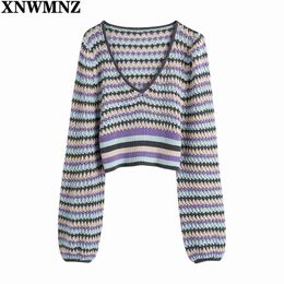 Women Fashion stripe cropped knit sweater Knitting Sweater Ladies V Neck long balloon sleeves Pullovers Tops 210520