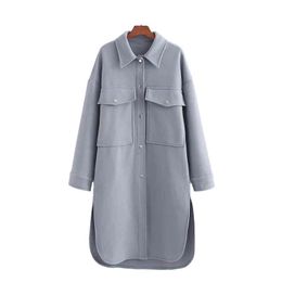 Elegant Women Grey Blue Woollen Overcoat Fashion Ladies Pocket Long Coats Streetwear Female Chic Turn Down Collar Coat 210430