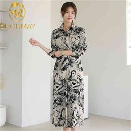 Korea Women Prints Dress Autumn Lapel Long sleeves Waist fold Slim Fashion Chic Streetwear printing Dresses 210506