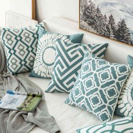 Blue and Green Geometric Embroidery Cushion Cotton Canvas Crochet Pillowcase Sofa Bedside Car Decoration Cushion Pillow 211110