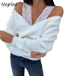 Neploe Lace Patchwork Sweaters Women Sexy Lady Off Shoulder V-neck Long Sleeve Knitted Pullovers Autumn Woman Jacket 210423