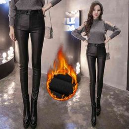 Women Thin Velvet PU Leather Pants Female Elastic Stretch Faux Skinny Pencil Pant Tight Trouser Autumn Winter 210423