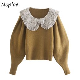 Elegant Lace Patchwork Knit Sweater Women Peter Pan Collar Pullover Long Sleeve Pull Femme Winter Outwear Sueter 210422
