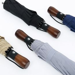 Automatic Folding Umbrella Windproof Parasols Sun Beach Umbrellas Windproof Men Business 10 Bone Wooden Handle Gift Ideas
