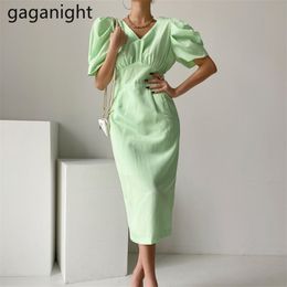 Puff Short Sleeve Womens Summer Midi Dress Elegant V Neck Ruched Waist Solid Sexy Wrap Slit Party es 210601