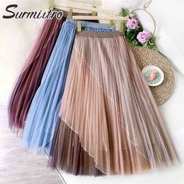 Korean Style Tutu Tulle Long Skirt Women Spring Summer Spell Color Mesh High Waist Pleated Midi Female 210421