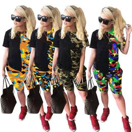 Summer outfits Women jogger suits plus size 2XL tracksuits short sleeve T shirts + shorts pants two piece set panelled sportswear casual CAMO sweat suit 5449