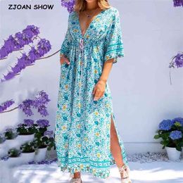 BOHO floral Print Flare Sleeve Side Split Dress Deep V neck Holiday Women Adjust Waist Drawstring Long Dresses Vestidos 210429