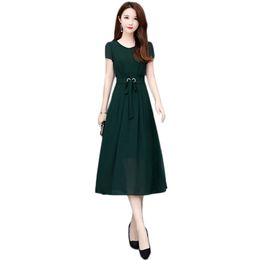 Fashion chiffon dress women ink green 4XL 5XL plus size summer Korean v neck slim temperament short sleeve LR824 210531