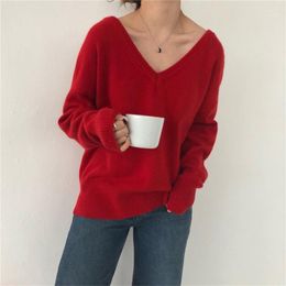 Autumn Winter Women Sweater Knitting Pullover Loose Sexy Red Minimalist V-Neck Strapless Elegant Long Sleeve Casual Tops Shirt Women's Blous