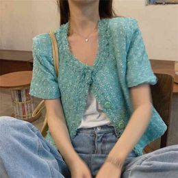 High Quality Summer Green Elegant Tweed Jacket Coat Women Vinatge Korean Fashion Casual Crop Top Female Woollen Outwear Cardigan 210514