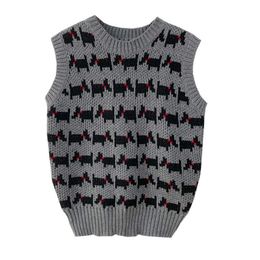 PERHAPS U Women Vest Sweater Crew Neck Knitted Pullover Sleeveless Gray Red Dog Winter Preppy Style M0232 210529