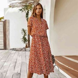 Fashion Polka Dot Print Dress Women High Waist Sashes A Line Summer Dress Short Sleeve Single-Breasted Bohemian Midi Dresses 210730