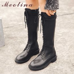 Meotina Winter Knee High Boots Women Natural Genuine Leather Thick Heels Long Boots Zipper Round Toe Shoes Female Autumn Size 39 210608