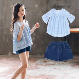 Children's girls summer clothing suit kids clothes two piece set for girl lace short sleeve denim shorts sets 8 10 12 years old X0902