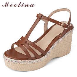 Meotina Shoes Women Natural Genuine Leather Sandals Wedges Super High Heel Sandal T-Strap Round Toe Ladies Footwear Summer Brown 210608