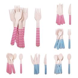 Disposable Kitchen Dinnerware Wood Spoons Forks for Happy Birthday picnic Party Decorations Utensil Striped Printed T10I136