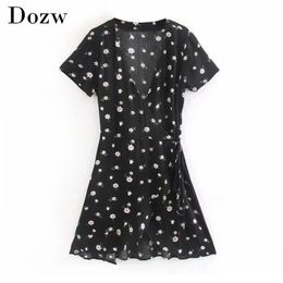 Summer Floral Print Wrap Mini Dress Women V Neck Boho Beach Dress Casual Short Sleeve Vintage Dresses Robe Femme 210414