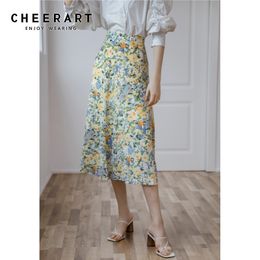 A Line Floral Skirt Women High Waist Midi Long Oil Painting Korean Style Print Flower Spring 210427