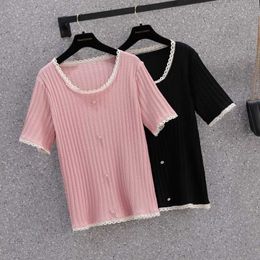 M-4Xl Plus Size Women Summer Thin Kint T-Shirt Top Loose Casual Beading Short Sleeve O Neck Oversized Sweater Pullover Female 210604