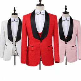 satin tuxedos Canada - Men's Suits & Blazers Groomsmen White Red Pink Pattern Groom Tuxedos Shawl Black Satin Lapel Men Wedding Man Bridegroom (Jacket+Pa R679