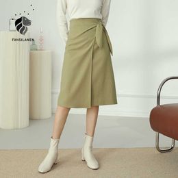 FANSILANEN Bow tie wrap high waist midi skirt Women autumn winter elegant party a-line Female office green vitnage 210607